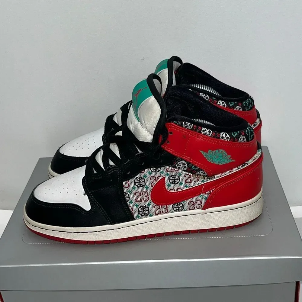 Nike Kids Multicolor Jordan 1 Mid Ugly Christmas Sweater Sneaker Shoes Size‎ 7Y